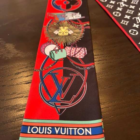 NEW Louis Vuitton Black Red LV Monogram Silk Bandeau HandBag Scarf - Picture 4 of 5
